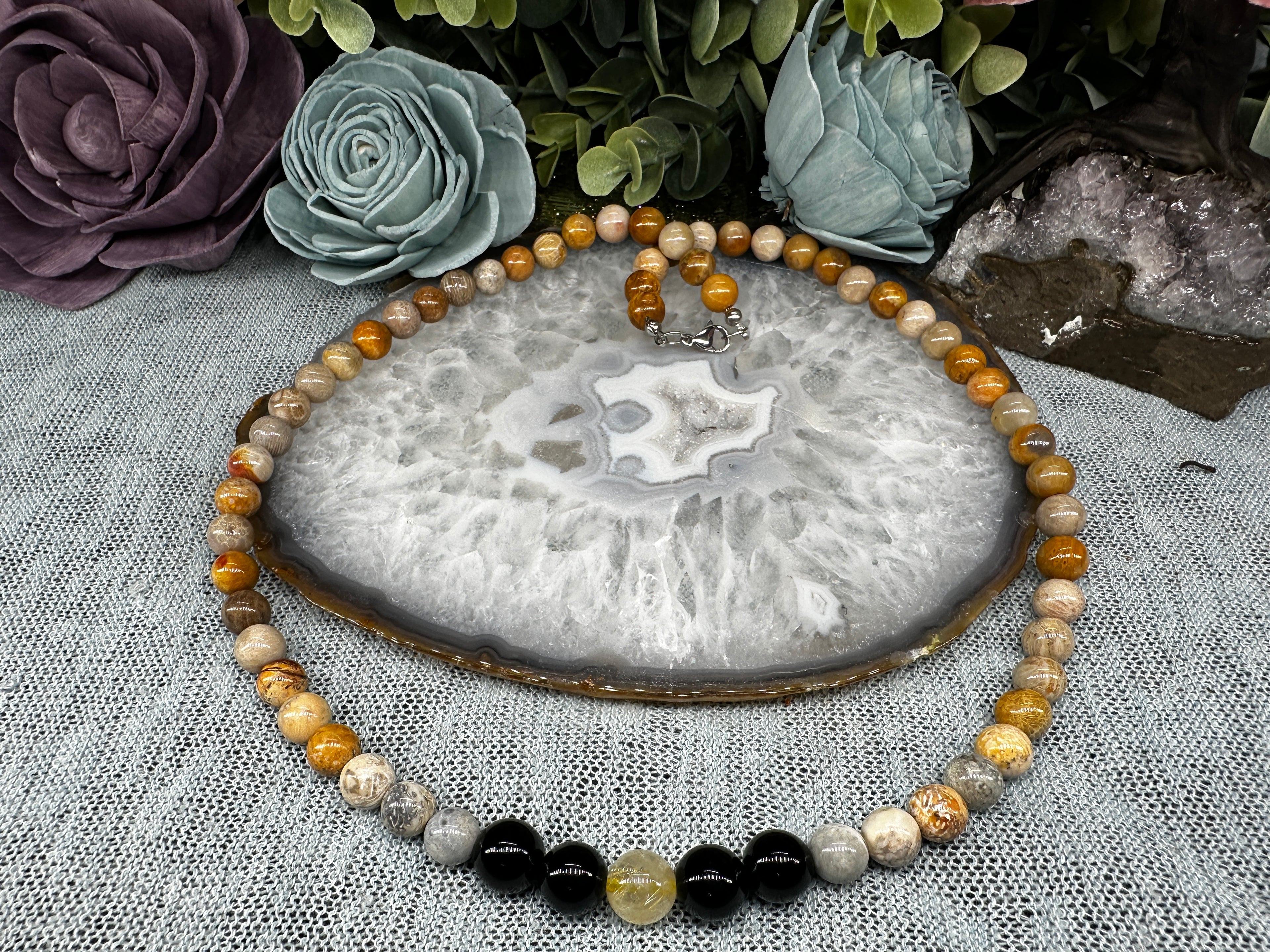 Fossil Corral, picture jasper, obsidian & Rutile Bead necklace  image 0