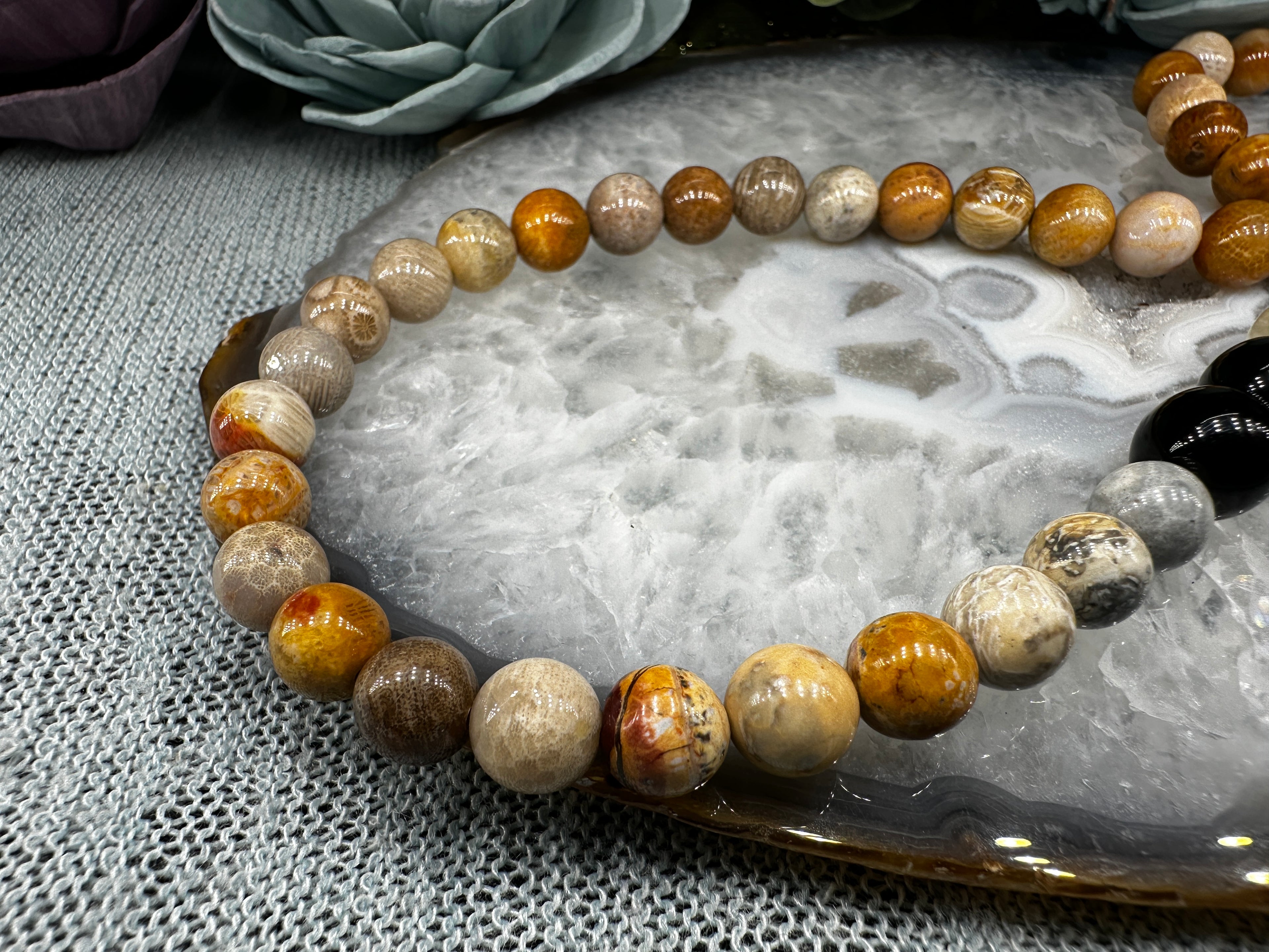 Fossil Corral, picture jasper, obsidian & Rutile Bead necklace  image 3