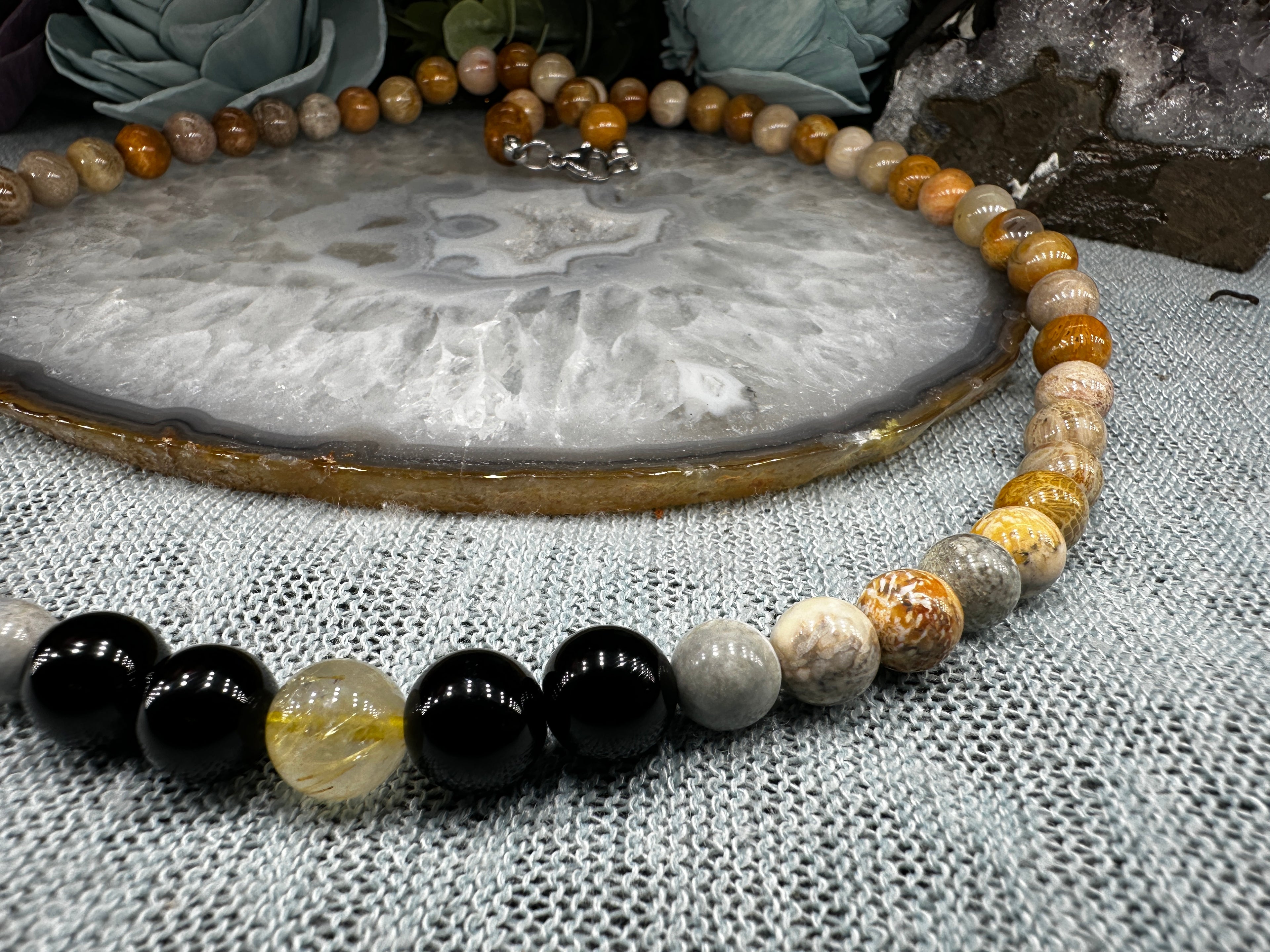 Fossil Corral, picture jasper, obsidian & Rutile Bead necklace  image 2