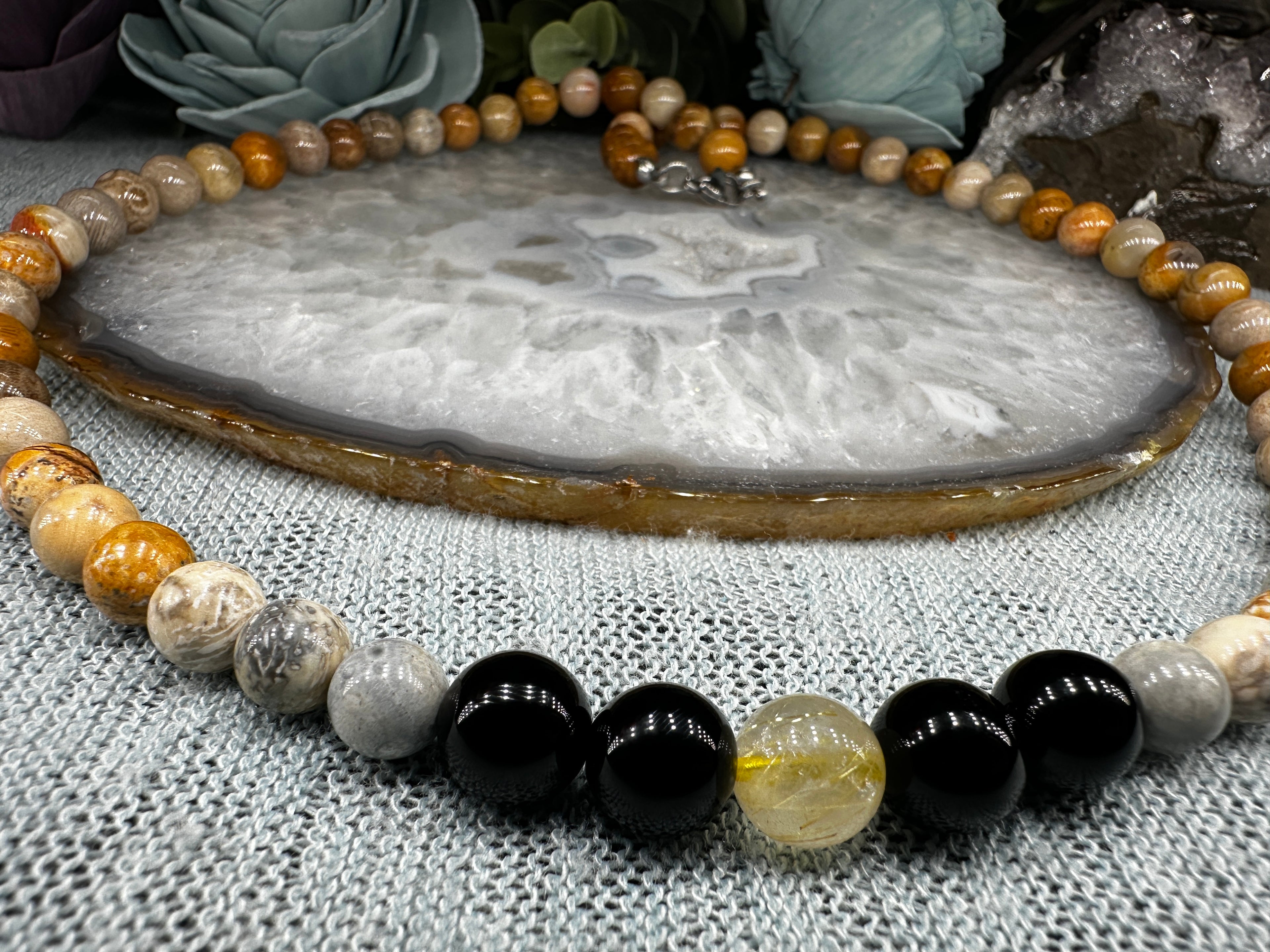 Fossil Corral, picture jasper, obsidian & Rutile Bead necklace  image 1