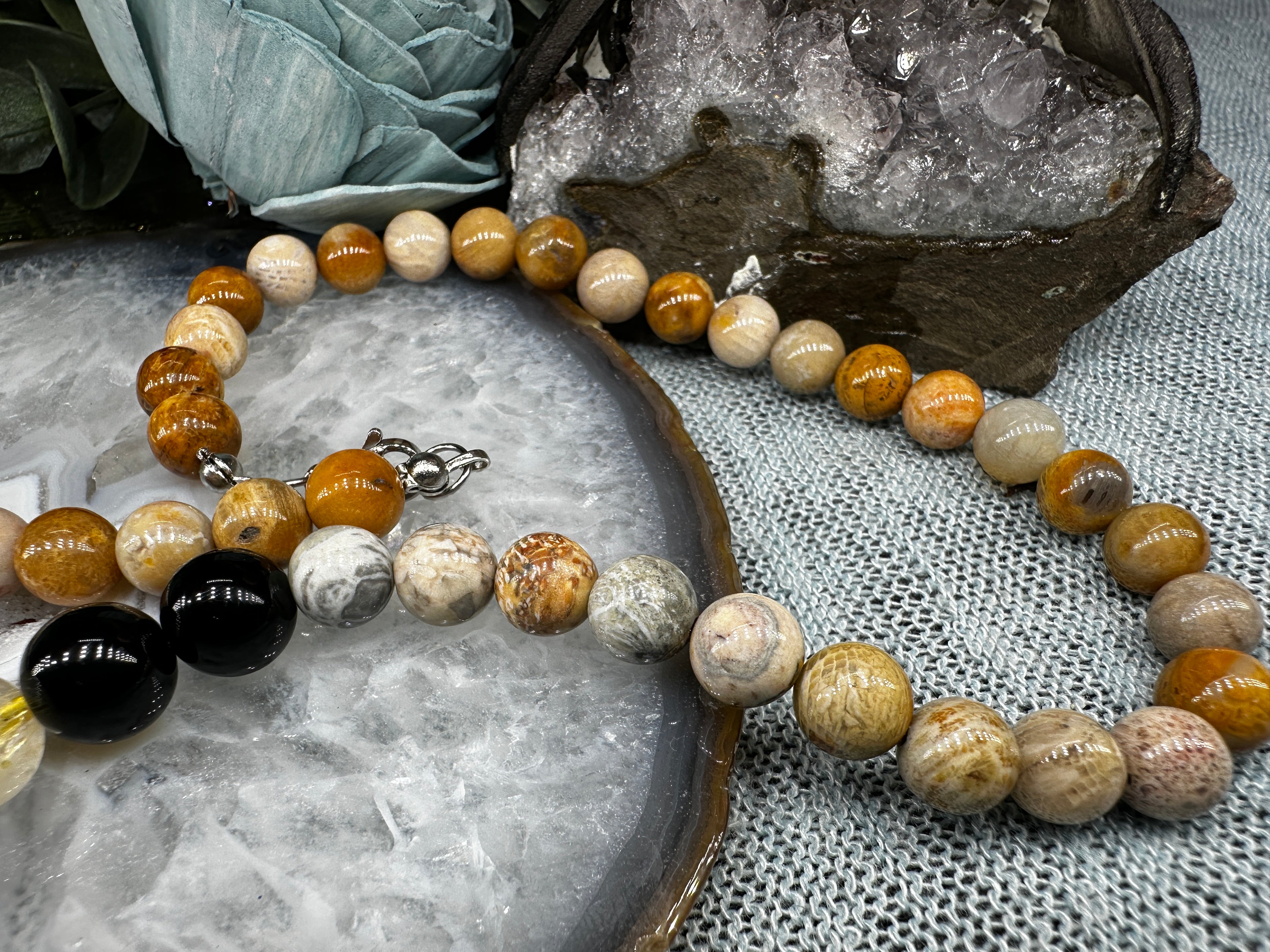 Fossil Corral, picture jasper, obsidian & Rutile Bead necklace  image 4